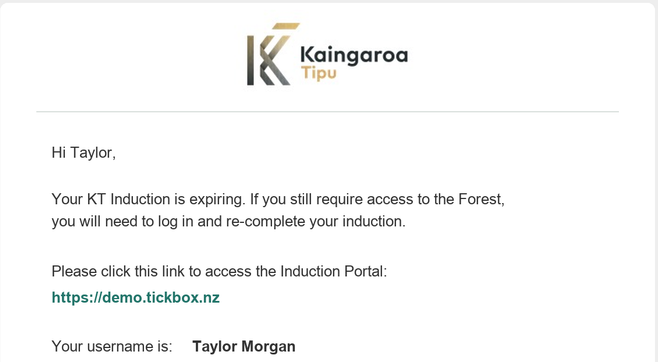 An automatic Tickbox expiry reminder email, branded to the customer, telling the recipient their induction is expiring and linking them back to the portal