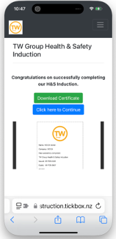 A completion certificate issued on a phone