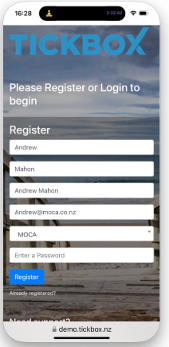 A branded Tickbox register and login page on a phone