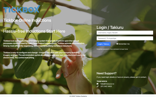 The Tickbox induction portal, with orchard photography, welcome copy, and a bilingual login form